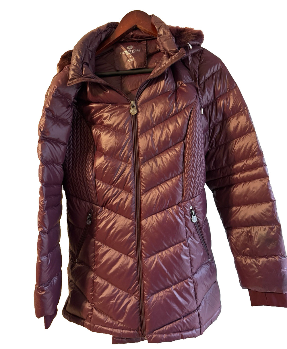 Curations Caravan burgundy Down packable Jacket removable hood faux fur Sz-M